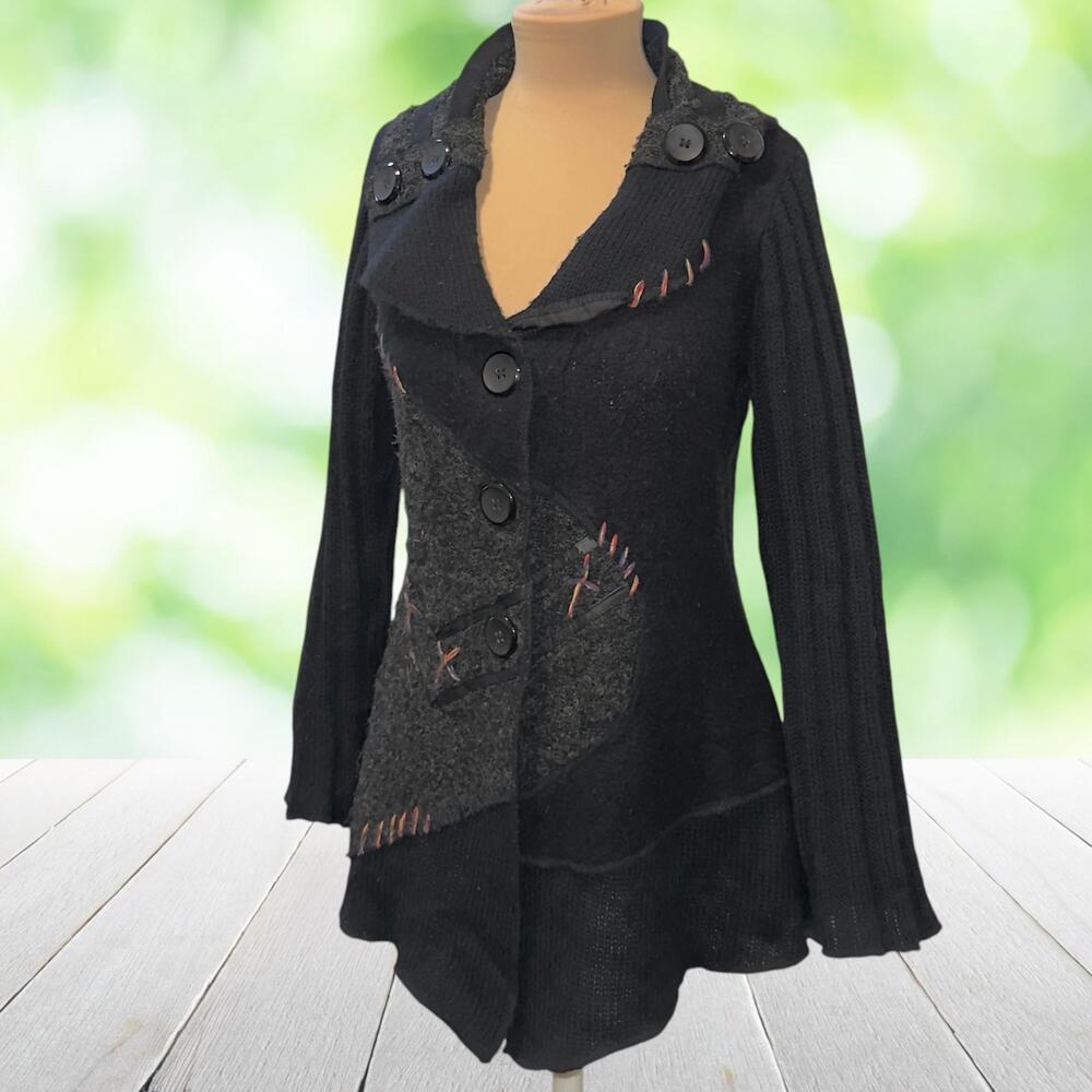 SIONI STUDIO Cardigan Mixed Media Asymmetrical Embroidered Boho Grunge Sz M